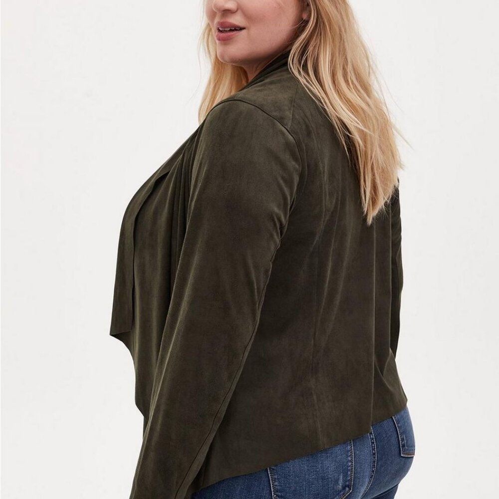 TORRID Fall Green Soft Faux Suede Drape Front Jacket Size 1 - Picture 2 of 7